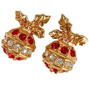 VTG Signed Avon Christmas Earrings Gold Tone Red Rhinestone Clip On Collectible